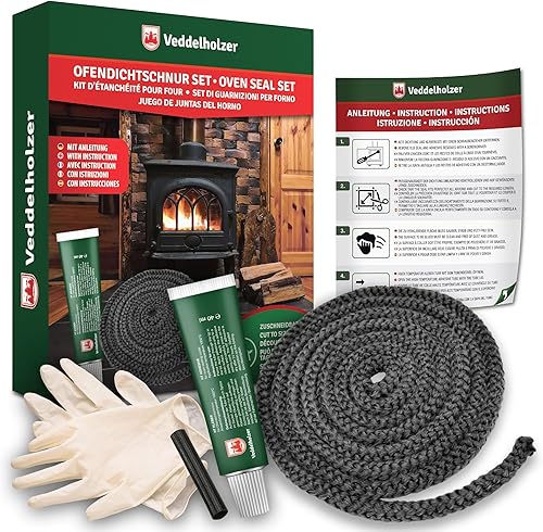 Set completo Veddelholzer Ø 12 mm nastro sigillante per stufe, guarnizione per forni, cavo sigillante, accessori per caminetti Incl. adesivo per alte temperature, guanti, manicotti e istruzioni - Honorern