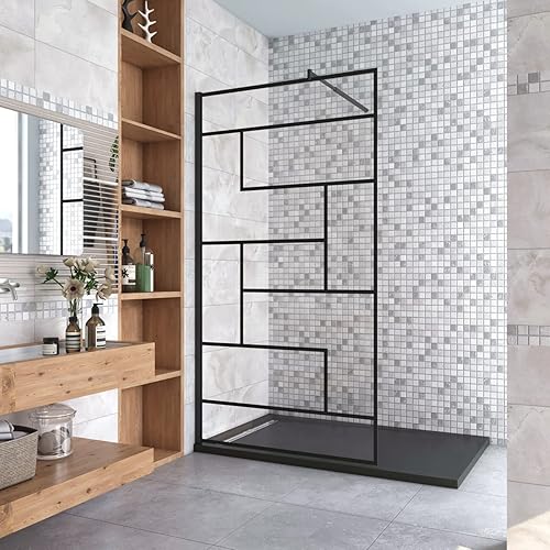 100x200cm Walk In Parete Per Doccia in Vetro Temperato 8mm Anticalcare Serigrafato Nero con Riquadri Barra Stabilizzatrice da 70-120 cm Nero Opaco - Honorern
