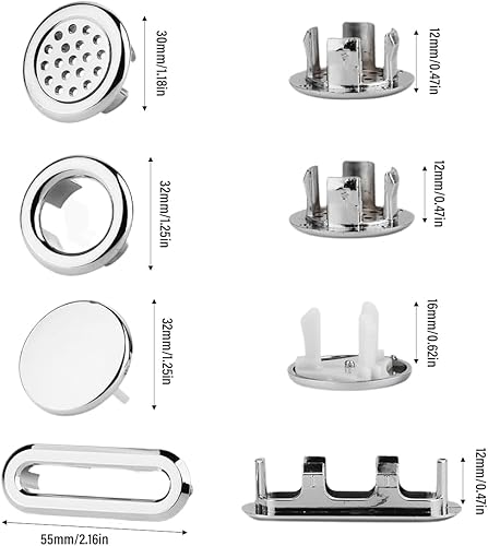 Troppopieno, 8 pezzi Universale Copertura di troppo pieno del lavandino Anello di troppo pieno del lavandino Protezione di troppo pieno in plastica Cucina Bagno (Argento) - Honorern