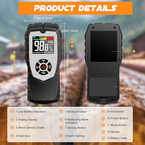 Flintronic Misuratore di Umidità, Misuratore Umidità Legni, Rilevatori Di Umidità Igrometro Senza Ago, Misuratore di Umidità con Batteria Display LCD, per Legni, Parete, Pavimenti, Legno, Gess - Honorern