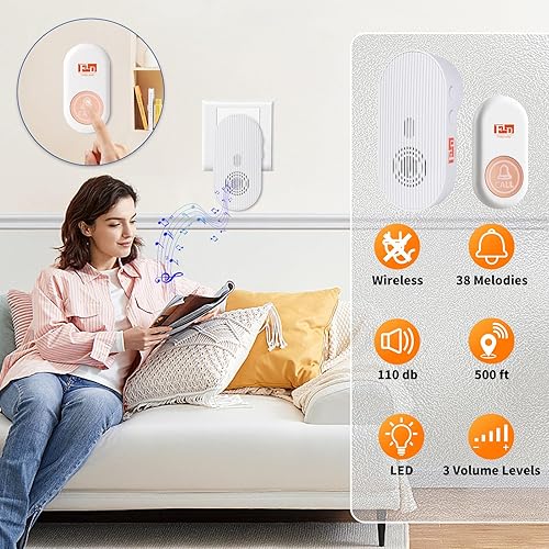 Campanello wireless a batteria per la casa, campanello LED lampeggiante, portata 150 m, 38 melodie con modalità silenziosa, 110 dB, campanello senza fili progettato per uso esterno - Honorern
