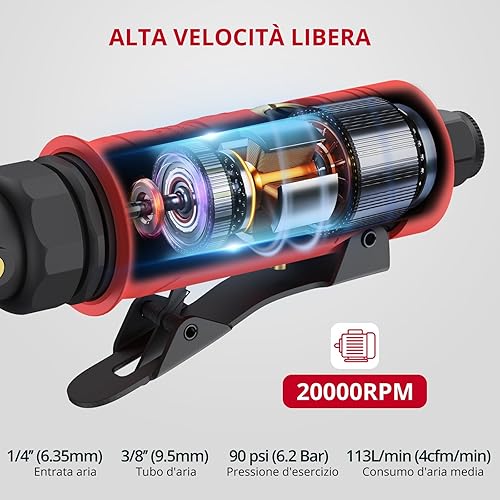 Smerigliatrice ad Aria Compressa a 90° con 2 Mandrini (1/4' & 1/8'), 20000 RPM Smerigliatrice Angolare Pneumatica Kit Completo per Spazi Stretti per Smerigliatura Taglio Lucidatura Sbavatura - Honorern