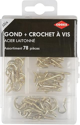 Gancio assortimento - Acciaio ottonato - 78 pezzi - Gancio e gond a vite - 78 ganci per viti di tipo L e ganci per viti - Assortimento ganci/fissaggi - Per appendere e fissare - Honorern