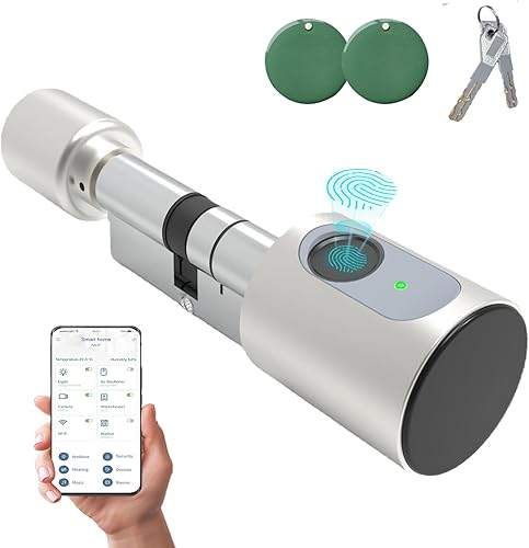 Serratura con impronte digitali – Smart Lock per porta di casa, apriporta a cilindro elettronico con impronte digitali e 2 chiavi e 2 schede RFID Tuya APP di sblocco, argento - Honorern