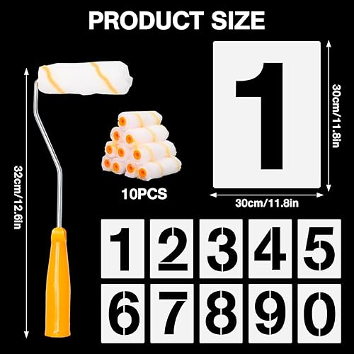 10 Pezzi 30cm Stencil con Numeri Grandi con Mini Rullo di Vernice Grande Numero 0 a 9 Stencil Riutilizzabili Stencil con Numeri in Plastica per Pittura DIY Mailbox Segnali Road Parking Lot - Honorern