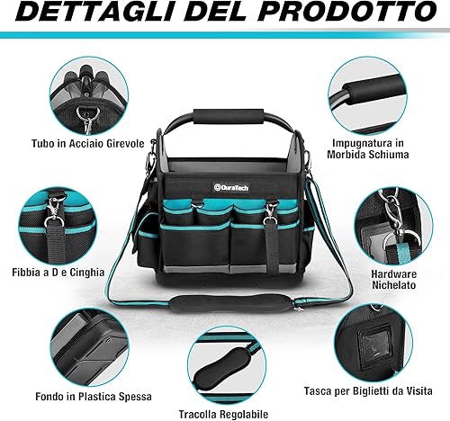 Borsa Per Attrezzi Durevole da 30,5cm, Borsa Attrezzi con Base Impermeabile, Borsa Porta Attrezzi con Ampia Apertura, Poliestere 900d, Maniglia per il Trasporto, Tracolla Regolabile - Honorern
