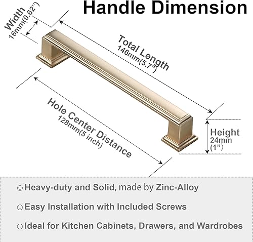 10 Pack Maniglie da Cucina Oro Heavy-Duty,Maniglie Per Mobili da Cucina,Distanza Tra I Fori di 96mm, Maniglie per Armadietti Oro, Maniglie per Armadi Oro e Maniglie per Mobili Oro - Honorern