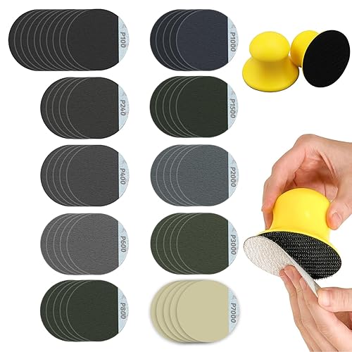 50mm Blocco Levigatura Manuale con 55 Dischi Abrasivi, Carta Vetrata Gancio e Anello Grana da 100 240 400 600 800 1000 1500 2000 3000 7000 per Restauro di Mobili in Legno - Honorern