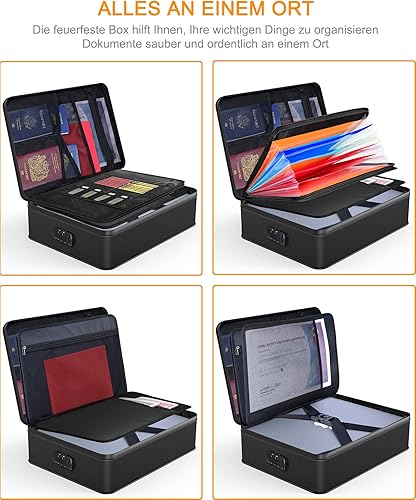 Portadocumenti ignifugo con serratura, 7 scomparti, portadocumenti portatile per documenti importanti, colore: nero - Honorern