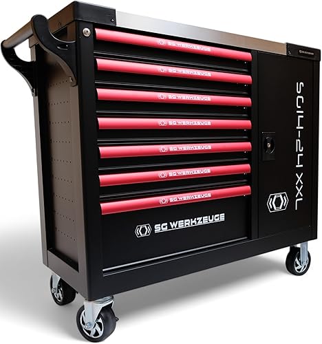 DeTec. Carrello portautensili XXL riempito con attrezzi, 7 cassetti riempiti | carrello da officina auto effetto carbonio | cassetta degli attrezzi per auto Red Black Edition - Honorern