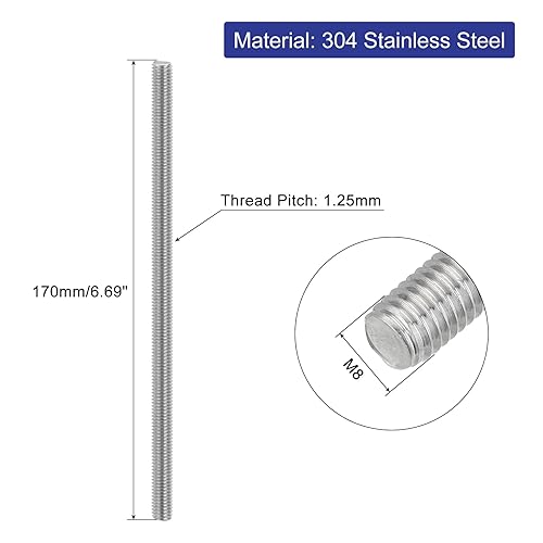 3pz Asta Filettata Intera, M8 x 170mm Acciaio Inossidabile 304 Borchie Barra con Filettatura Destra M8-1.25 Passo Filettatura per Assemblaggio Mobili Macchinari - Honorern