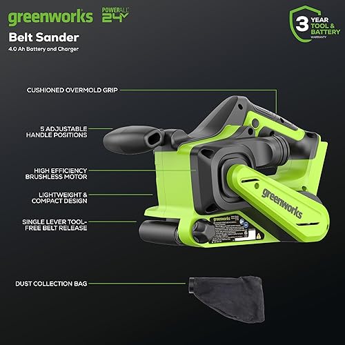 Greenworks Kit levigatrice a nastro senza fili senza spazzole da 24 V, 7,6 x 45,7 cm, con sacchetto per la polvere e carta vetrata a grana 60, solo strumento - Honorern