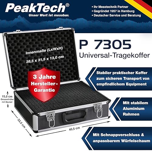 PeakTech 7305 - Custodia universale per strumenti di misura, Custodia in alluminio resistente, Vano porta attrezzi, Imbottitura in schiuma, Con lucchetto, Antipolvere, L - 405 x 330 x 150 mm - Honorern