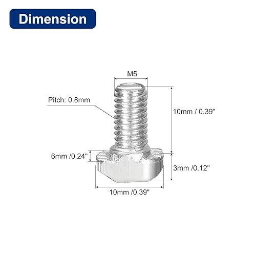 20pz Bulloni a T-Slot, M5 x 10mm Bullone Testa a Martello Vite a T Perno per Profilo Alluminio a T Serie 2020, Acciaio Carbonio Nichelato, Argento - Honorern