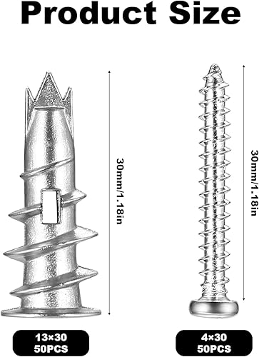 Viti e Tasselli per Cartongesso, 100 Pz Fissaggio Tasselli Autofilettante per Cartongesso, Tassello Autofilettante in Metallo con Viti, Tasselli Autoperforanti per Tende Cornici Impieghi Gravosi - Honorern