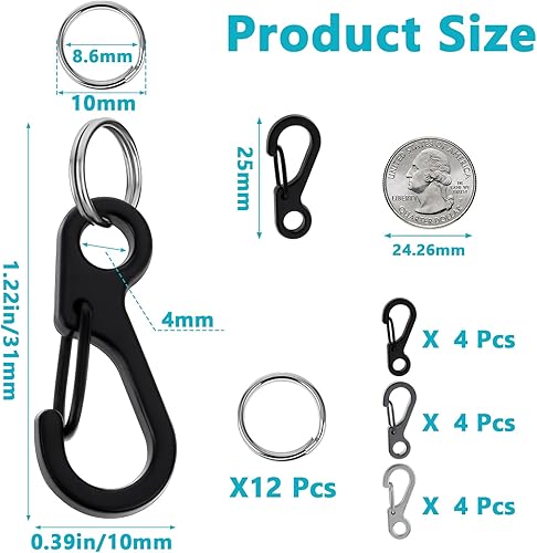 Confezione da 12 piccoli moschettoni in metallo a molla, ganci multiuso mini paracord da appendere per zaino, cinghia per fotocamera, torcia, campeggio, escursionismo, portachiavi accessori - Honorern