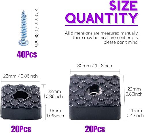 80 piedini neri da 22 mm e 30 mm di forma quadrata per mobili, con viti, in gomma resistente, antiscivolo, per mobili, tavoli, scrivanie, sedie e divani - Honorern