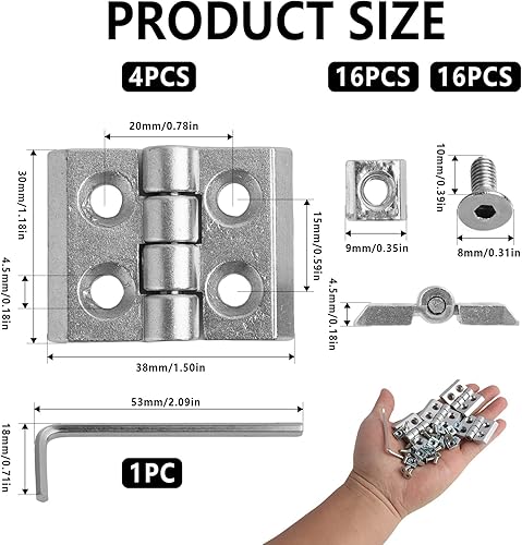 4 Pezzi Cerniere M4 in Lega di Zinco per Profilo in Alluminio 2020, Kit Completo con Viti e Chiave Inglese, per Porte Leggere e Progetti Fai Da Te, Rotazione 180 Gradi, Argento - Honorern