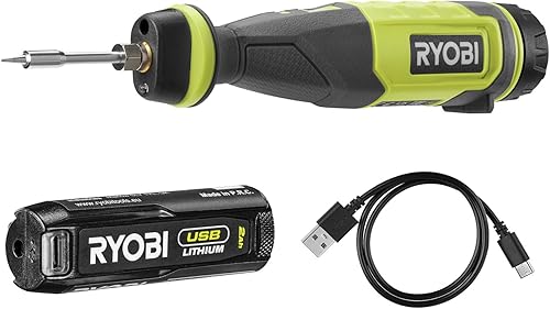 Ryobi RSI4-120G, Saldatore a Batteria Ricaricabile con USB-C, Temperatura Fino a 460 °C, Luce LED, Impugnatura Ergonomica, per Progetti di Hobbistica, 1 Batteria da 2,0Ah Inclusa - Honorern