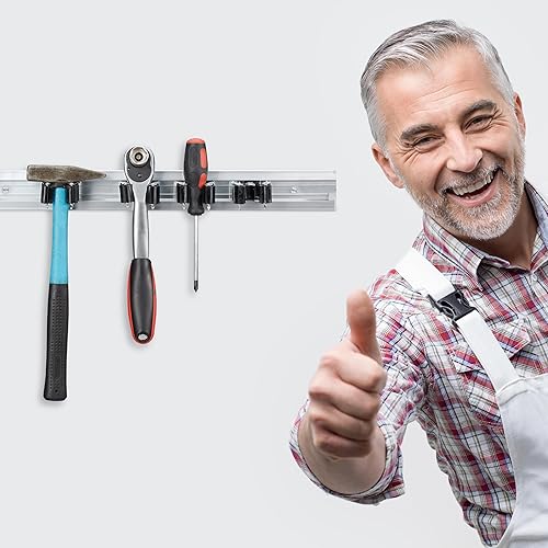 Relaxdays Porta Utensili da Parete, Set da 2 Portattrezzi con 4 Ganci, Giardino e Garage, Barra in Alluminio, Argentato, 5,5 x 48,5 x 4,5 cm - Honorern