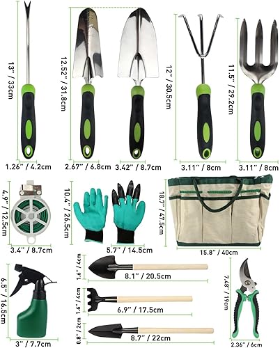 Attrezzi da Giardino con Supporti, 13 Attrezzi da Giardino in Acciaio Inox con Borsa per Attrezzi Resistente, Set di Attrezzi da Giardino per Uomini e Donne - Honorern