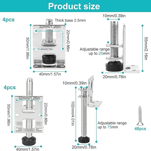 8 Pezzi set da Piedini Regolabili per Mobili, 55/102 mm Piedini per Mobili Regolabili con 48 Piccole Viti, Acciaio Inossidabile Antiscivolo Piedini Regolabili per Mobili, Tavoli, Mensole, Armadi - Honorern