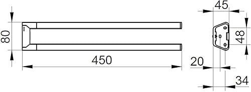 KEUCO Portasciugamani in metallo da incollare, cromato a due bracci, profondità 45 cm, per bagno e toilette degli ospiti, montaggio a parete, Reva - Honorern