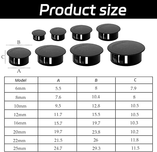 100 Pezzi Tappi per Fori in Plastica, tap-pi copriforo 6/8/10/12/16/20/22/25mm T-appi Armadio Copriforo Tappi per Fori per Pannelli per Armadi Macchine Mobili (Nero) - Honorern