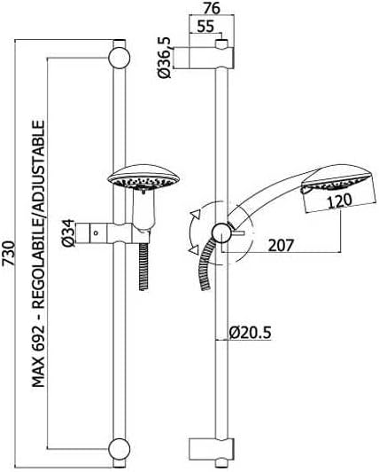 Saliscendi Paffoni PRESTIGE completo per doccia con asta doccia in metallo, supporto doccia scorrevole, doccetta 4 getti e supporti regolabili in ABS - Honorern