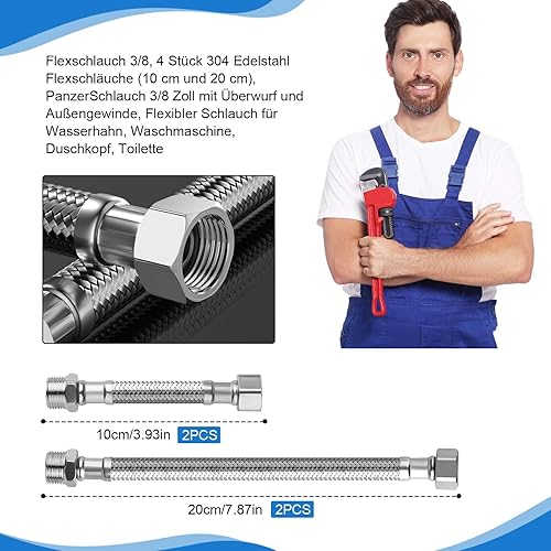 Tubo flessibile 3/8, 4 tubi flessibili in acciaio inox 304 (10 cm e 20 cm), tubo corazzato da 3/8 pollici con raccordo e filettatura esterna, tubo flessibile per rubinetto, lavatrice, soffione doccia - Honorern