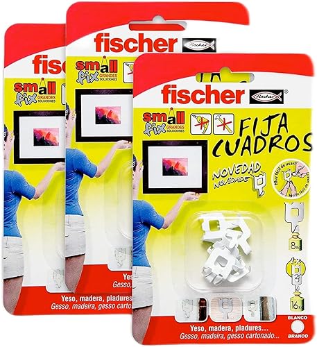 fischer - Fissare quadri da appendere senza praticare fori, capacità di carico fino a 8 kg, riutilizzabile e senza fori, ideale per cartongesso, gesso e legno, colore bianco (3 confezioni da 8 pezzi) - Honorern