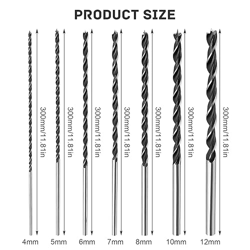 7 Pezzi Set Punte Trapano, Punta Legno Lunga Ø 4/5/6/7/8/10/12 mm, Set Punte Trapano Professionali, Punte Trapano Legno Elicoidali, per Legni Teneri, Legni Duri, Compensato (Argento) - Honorern