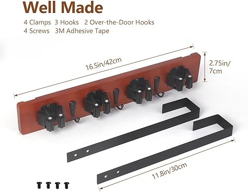 Porta Scopa per Porta, Porta Scopa a Parete Senza Foratura, Bambù, 4 Supporti + 3 Ganci per Cucina, Scale, Bagno, Garage - Honorern