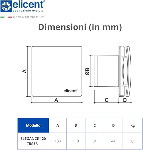 Ventilatore da bagno T, diametro 120 mm, per montaggio a soffitto o a parete, con viti e tasselli, colore: bianco - Honorern