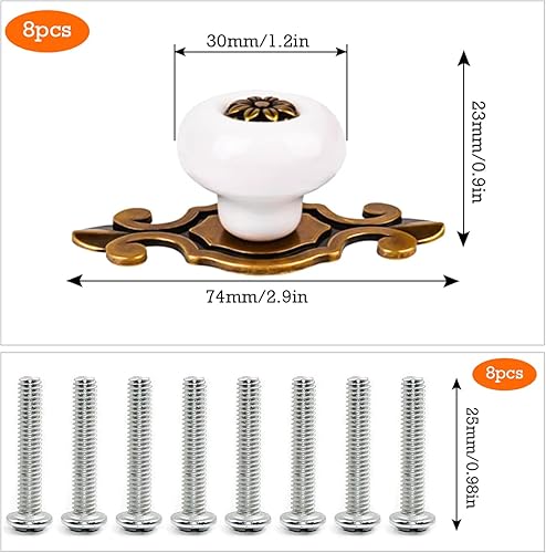 Pomelli per Mobili Vintage Pomelli in Ceramica 8 Pezzi Pomelli in Metallo Maniglie e Pomelli Cassetti per Cucina Bagno Armadio Mobili - Honorern
