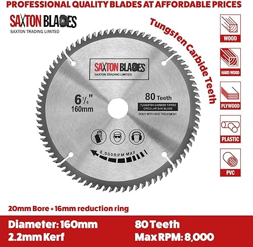 Saxton TCT - Lama per sega circolare per legno, 160 mm x 20 mm x 80 t, per Festool TS55, Bosch, Makita, DeWalt, adatta per seghe da 165 mm - Honorern