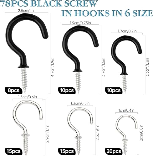 78 ganci neri per appendere al soffitto, ganci a vite, ganci da soffitto in metallo, ganci da parete multiuso rivestiti in vinile, per appendere piante, tazze, utensili (nero) - Honorern