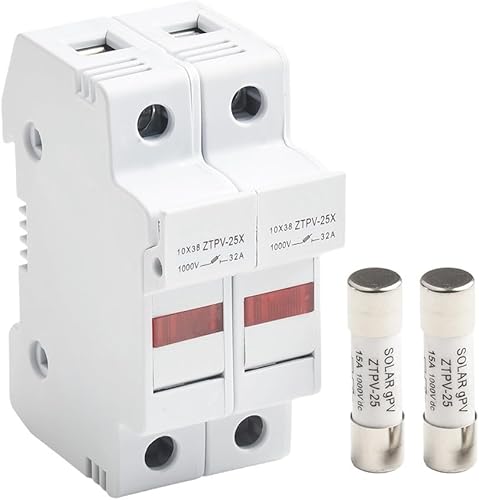 Portafusibile solare/fotovoltaico, portafusibili 2P solare con fusibile LED 1000V DC 10X38 Mm per pannelli solari, fotovoltaico solare (20A) - Honorern