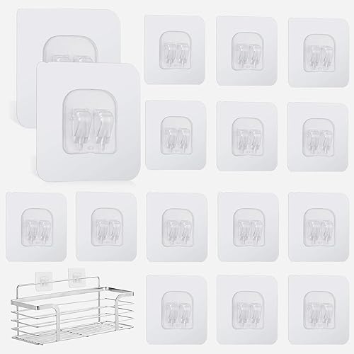 RAFIYU 20 Pezzi Ganci Adesivi di Ricambio, Ganci Adesivi Bagno per Mensola Doccia 6,7x6,7cm, Adesivo Forte per Mensole DocciaTrasparenti Senza Trapano, per Cucina Bagno Cestino (Carico Massimo 10kg) - Honorern
