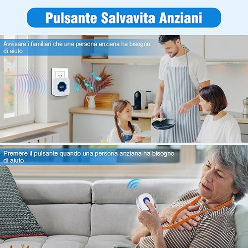 Daytech Pulsante Salvavita Anziani,Pulsante Emergenza Anziani con Display Digitale,Allarme per Anziani per i Familiari che Necessitano di Assistenza Domiciliare (1 Ricevitore + 1 Pulsante) - Honorern