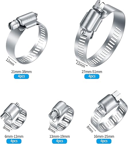 20 Pezzi Fascette Metalliche Stringitubo, Fascetta Stringitubo Fissaggio 304 Acciaio Inox, Fascette per Tubi Regolabili per Cavi, Tubazioni Fissaggio, 6-12/13-19/16-25/21-38/27-51mm - Honorern