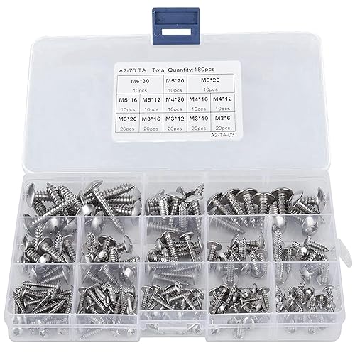 180 Pcs M3 M4 M5 M6 Assortite Viti Phillips Autofilettanti,Assortimento Viti Tonda Lamiera, Kit Viti Bombato a Croce Legno Acciaio Inox,Set Viti Incrociata Fissaggio Testa Piatta con Rondelle - Honorern