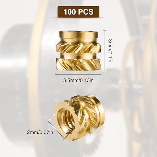 AIEX 100 Pezzi Dadi in Ottone per Stampa 3D, Inserti Filettati M2 Dado Zigrinato Ottone con Filettatura Femmina per Stampa 3D Loptop Automobilistica Guscio in Plastica (M2x3x3.5mm) - Honorern