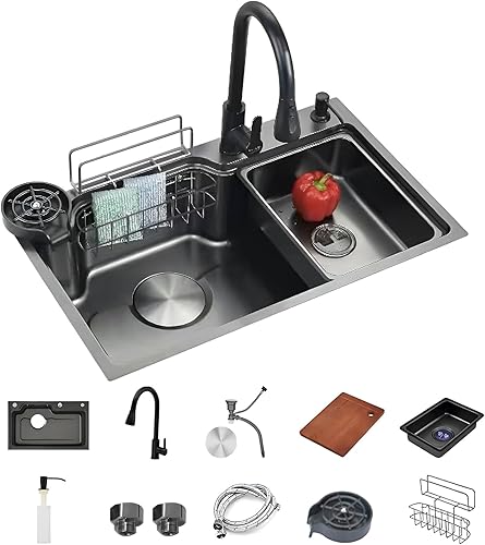 Lavello da Cucina Multifunzionale 75 x 45 cm Rivestimento Nano 3mm in Acciaio Inox 304 con Lavatazze Dispenser di Sapone Cestello di Scarico Sospeso Nero - Honorern