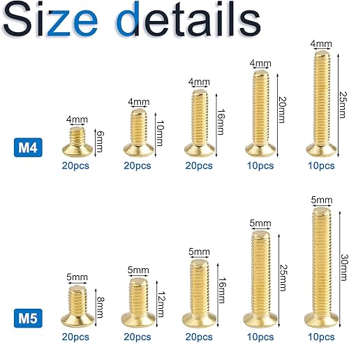 Viti a testa piatta, 160 pezzi, in ottone, autofilettanti, kit assortito di viti con dimensioni M4 M5 - Honorern