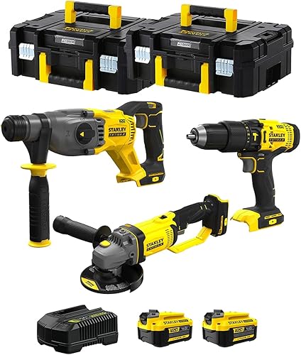 STANLEY FatMax Kit SVK301 (Tassellatore SFMCH900 + Smerigliatrice SFMCG400 + Trapano a Percussione SFMCD711 + 2 Batterie 4,0 Ah + Caricabatteria + 2 x TSTAK II) - Honorern