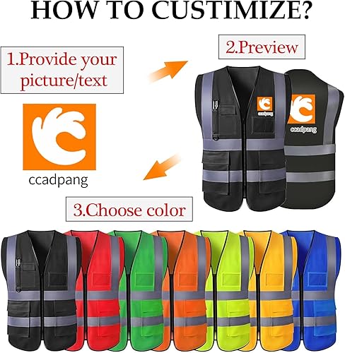 Gilet Hi Vis personalizzato con cerniera,5 tasche inclusa la tasca per carta d'identità e telefono, sicurezza riflettente ad alta visibilità per uomini e donne in diversi colori e taglie - Honorern