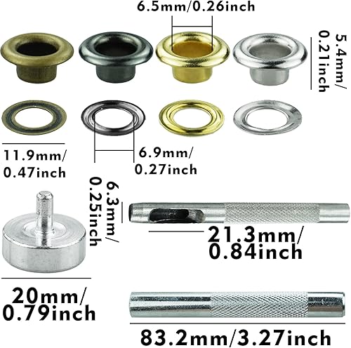 Set di 120 strumenti per occhielli da 6 mm, con punzonatrice per fori, strumento di fissaggio e base in metallo, occhielli per tessuto, pelle, vestiti, tela (argento/verde bronzo/oro/grigio) - Honorern