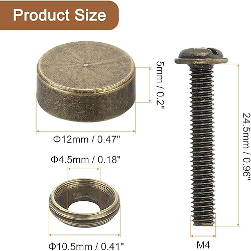 4Pz Viti Decorative in Ottone con Tappi, Viti per Specchi da 12 Mm Chiodi per Copri Tappi, Elementi di Fissaggio per Mobili a Specchio Decorativi, Colore Bronzo - Honorern