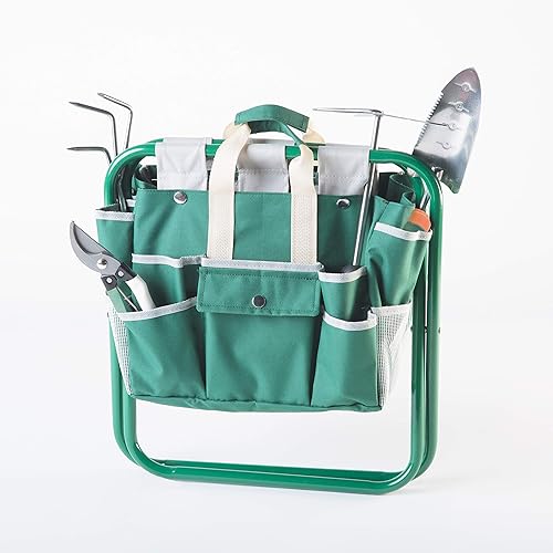 Kit Giardinaggio, 6 pezzi, Con Impugnatura Ergonomica, Borsa Porta Attrezzi, Sgabello Richiudibile, Forbici da Potatura, Zappa Duplice Uso, Trapiantatore, Sarchiatore Coltivatore - Honorern